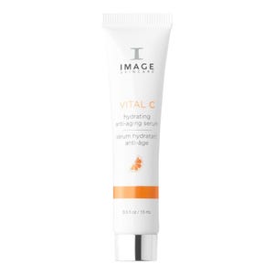 IMAGE Skincare Vital C Hydrating Anti-Aging Serum, 0.5 fl oz (15 mL), features an orange design element.