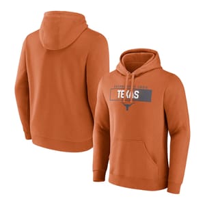 Orange hoodie with a front logo reading \“Texas\“ and \“Established 1883,\“ featuring a longhorn symbol.
