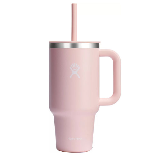 A pink insulated tumbler with a handle and straw, featuring a stainless steel rim and a logo on the front.