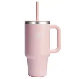 A pink insulated tumbler with a handle and straw, featuring a stainless steel rim and a logo on the front.