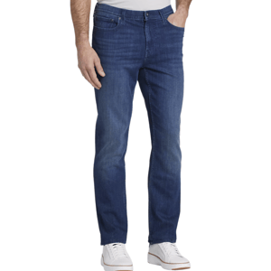 A person is wearing blue jeans with a classic five-pocket design, paired with white sneakers. The jeans have a slight fade effect.