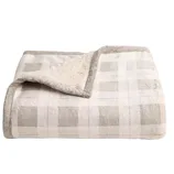 A folded, plaid-patterned blanket with a soft, fluffy lining and neutral tones.