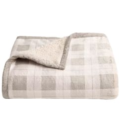 A folded, plaid-patterned blanket with a soft, fluffy lining and neutral tones.