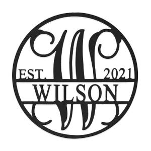 A circular metal sign featuring the letter \“W\“ with scroll designs, the name \“Wilson,\“ and the text \“EST. 2021.\“