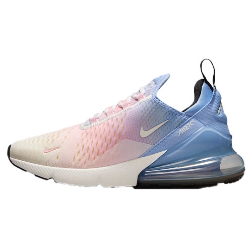 Nike Women's Air Max 270 features a pastel color gradient from cream to pink and blue, with a large Air unit in the heel for cushioning and a streamlined, modern design.