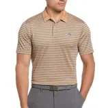 A man is wearing a beige and blue striped polo shirt with a penguin logo, paired with gray pants and a matching gray belt.