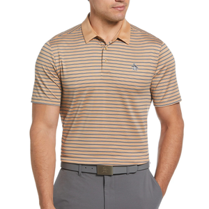 A man is wearing a beige and blue striped polo shirt with a penguin logo, paired with gray pants and a matching gray belt.