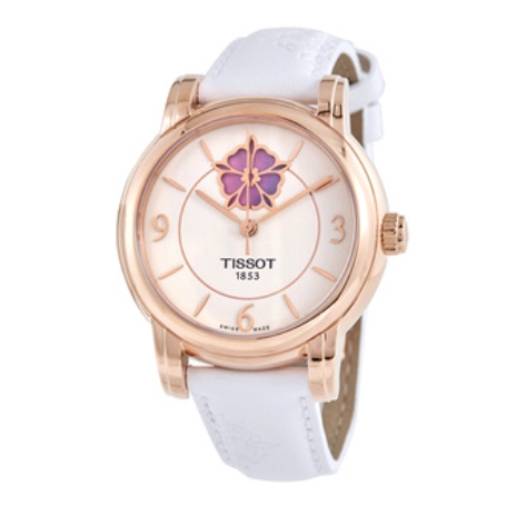 Tissot Ladies Watch featuring a rose gold-tone case, white dial with purple and pink floral motif, rose gold-tone Arabic numerals, and a white leather strap.