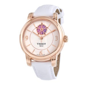Tissot Ladies Watch featuring a rose gold-tone case, white dial with purple and pink floral motif, rose gold-tone Arabic numerals, and a white leather strap.