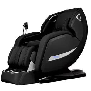 A black massage chair with built-in controls, featuring a sleek design and leg rest for full-body relaxation.