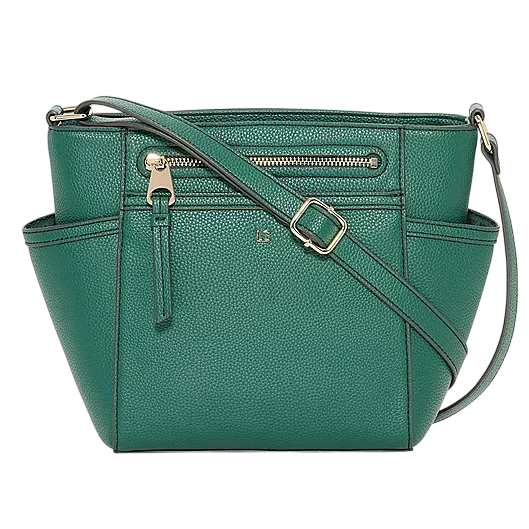 A green leather crossbody bag featuring a front zippered pocket, adjustable strap, and textured finish.