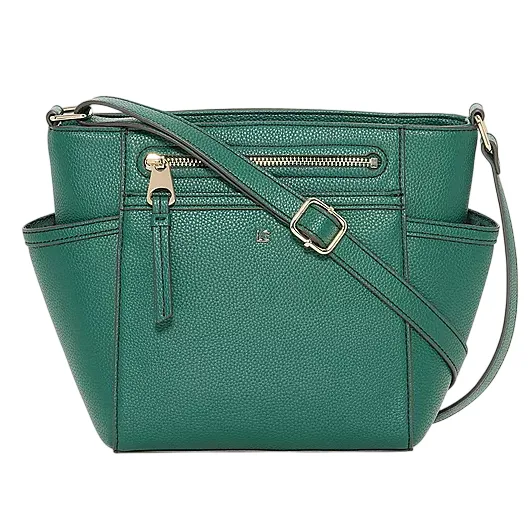 A green leather crossbody bag featuring a front zippered pocket, adjustable strap, and textured finish.