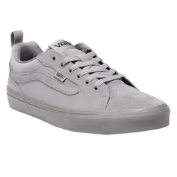 A gray Vans sneaker with suede detailing, featuring a low-top design, lace-up front, and Vans logo on the side.