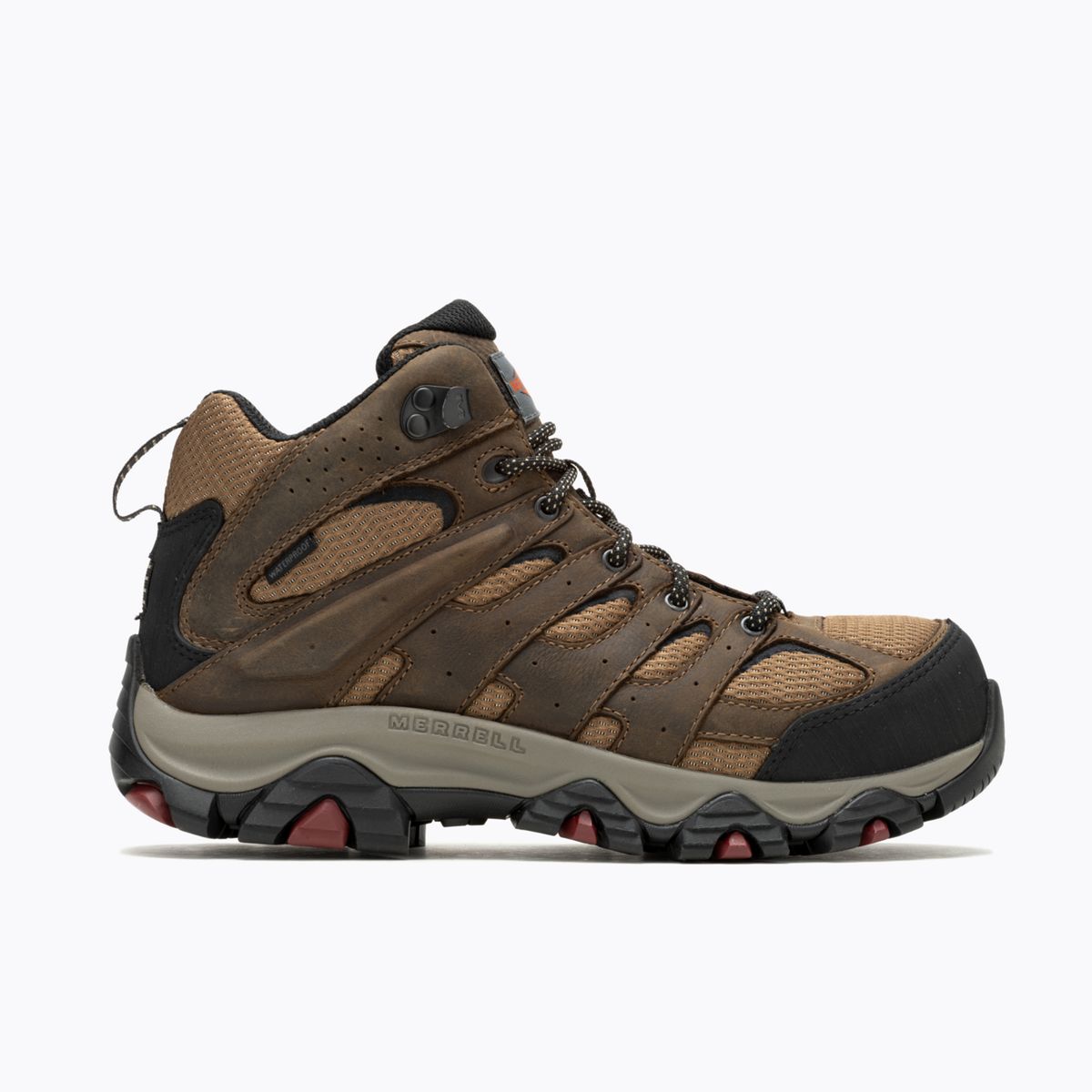 Brown and black hiking boots with orange accents, featuring a mid-height ankle, durable laces, and a sturdy, cushioned sole for support.