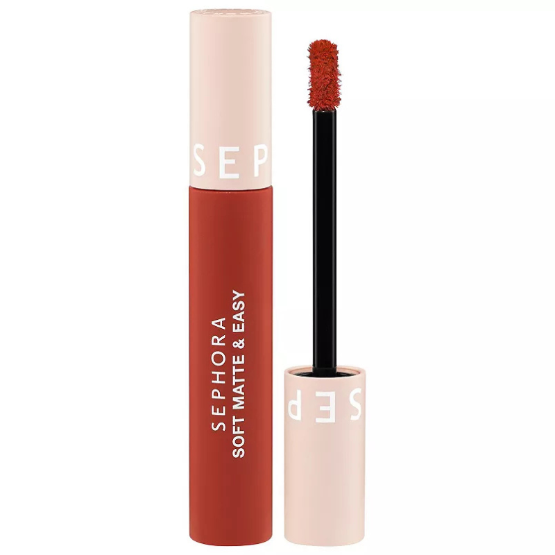 Sephora Soft Matte & Easy liquid lipstick in a red-orange shade, featuring a black applicator with a light pink cap.