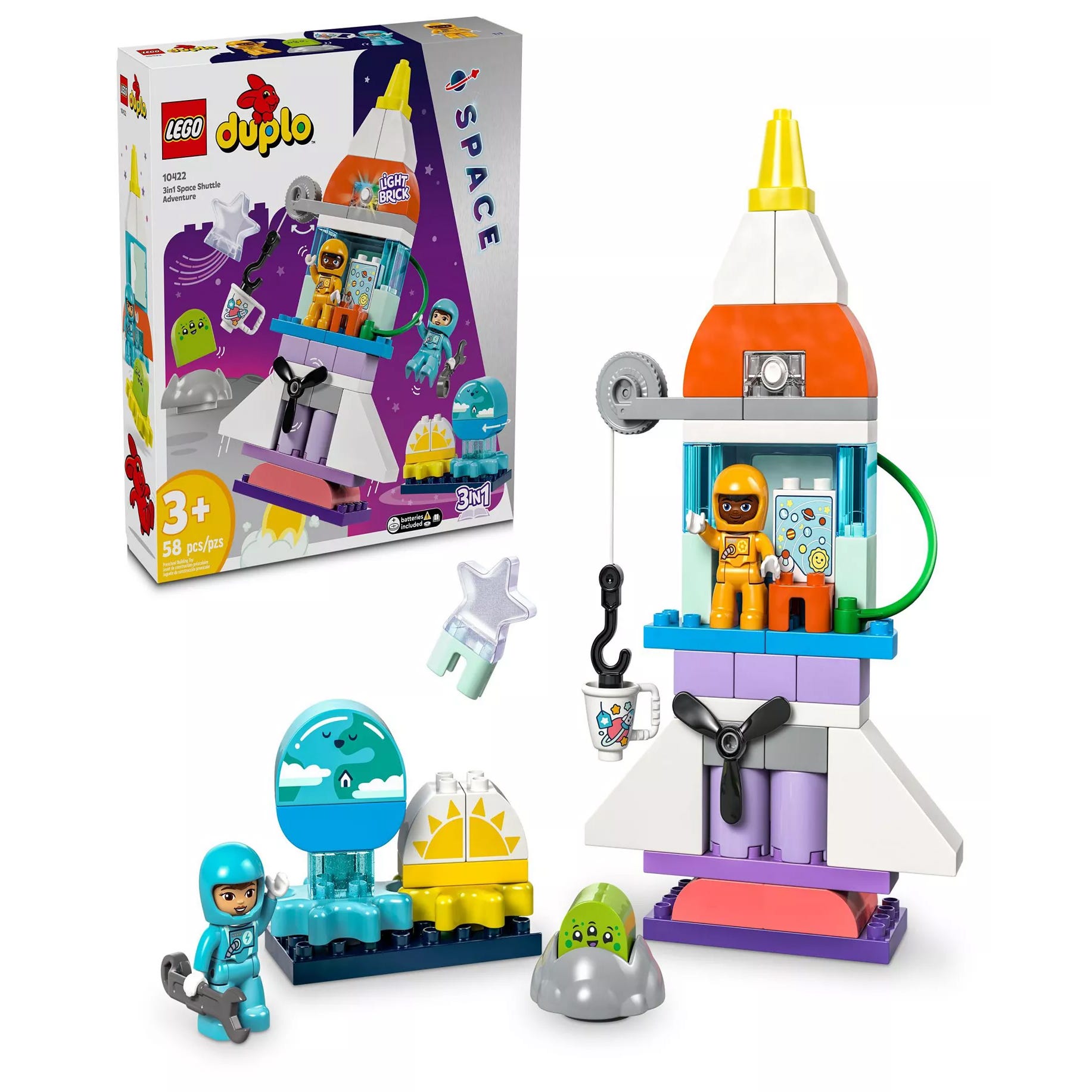 LEGO DUPLO Space Shuttle Adventure set for ages 3+, featuring a rocket with astronauts, alien figures, and space-themed accessories. Includes 58 pieces with a focus on imaginative play.