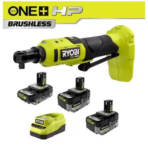 A Ryobi 18V ONE+ HP brushless ratchet wrench is shown with multiple battery packs, designed for efficient cordless operation.