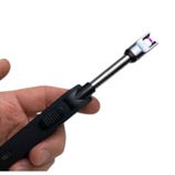 A rechargeable electric arc lighter is shown, featuring a long handle, a slider switch, and a USB charging port. It produces a purple electrical arc at the tip for ignition.