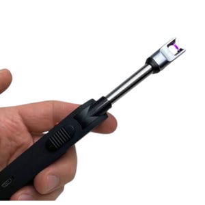 A rechargeable electric arc lighter is shown, featuring a long handle, a slider switch, and a USB charging port. It produces a purple electrical arc at the tip for ignition.