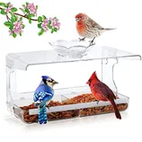 A transparent acrylic window bird feeder with two compartments for bird food is shown, with illustrated images of a blue jay and a cardinal perched on it.