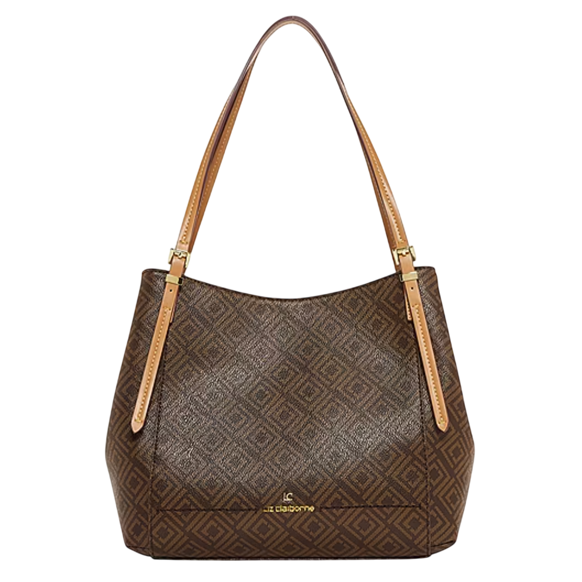A brown shoulder bag with a geometric pattern, featuring tan adjustable straps and a gold logo on the front.