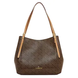 A brown shoulder bag with a geometric pattern, featuring tan adjustable straps and a gold logo on the front.