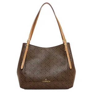 A brown shoulder bag with a geometric pattern, featuring tan adjustable straps and a gold logo on the front.