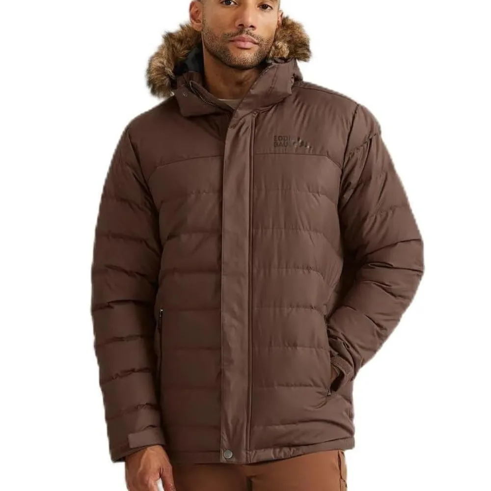 Brown winter jacket with fur-trimmed hood, quilted design, and zippered closure.