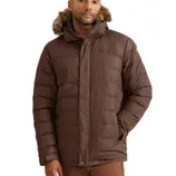 Brown winter jacket with fur-trimmed hood, quilted design, and zippered closure.