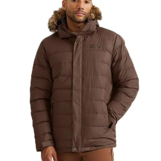 Brown winter jacket with fur-trimmed hood, quilted design, and zippered closure.