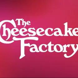 Logo of The Cheesecake Factory on a pink and red gradient background.