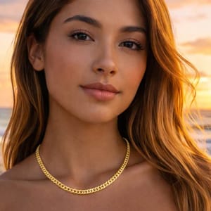 A woman wearing a gold chain necklace stands against a sunset backdrop.
