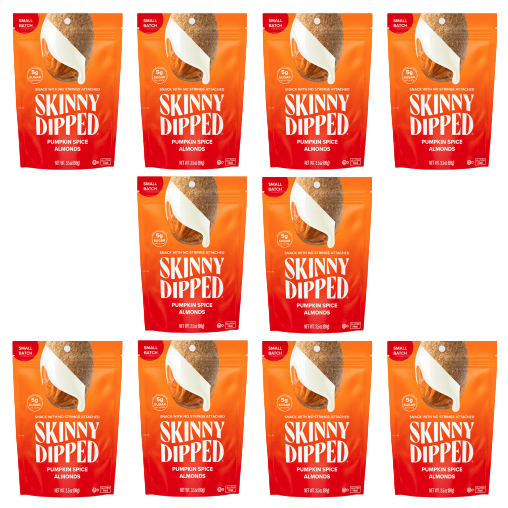 Nine packages of Skinny Dipped Pumpkin Spice Almonds, each containing 3.5 ounces, arranged in a grid.