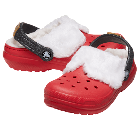 Red clogs with fleece lining and a black adjustable strap, offering both comfort and warmth.
