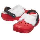 Red clogs with fleece lining and a black adjustable strap, offering both comfort and warmth.