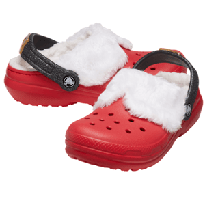 Red clogs with fleece lining and a black adjustable strap, offering both comfort and warmth.