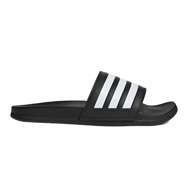 Black slide sandal with three white stripes across the strap, featuring a contoured footbed.