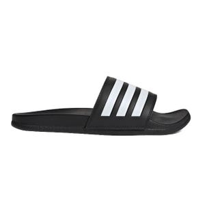Black slide sandal with three white stripes across the strap, featuring a contoured footbed.