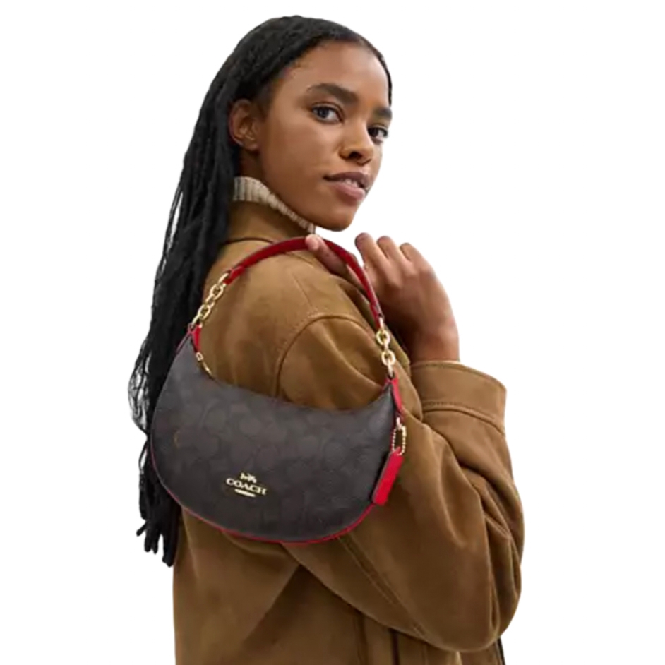 The Coach Mini Payton Bag features a brown monogrammed pattern with red accents and a gold chain strap, showcasing the Coach logo on the front. It's a compact, stylish accessory for carrying essentials.