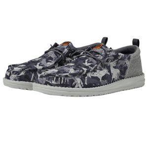 Hey Dude Wally Funk Hunt Camo Shoes feature a gray camouflage pattern with an animal motif, slip-on design, gray soles, and decorative laces, providing a casual and comfortable look.