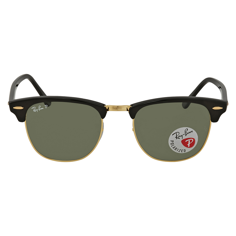Ray-Ban Clubmaster Classic Sunglasses feature a retro browline design with a black frame, gold accents, and green polarized lenses, ideal for a vintage-inspired look.