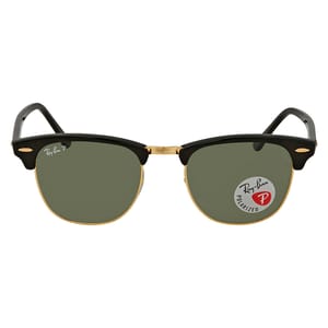 Ray-Ban Clubmaster Classic Sunglasses feature a retro browline design with a black frame, gold accents, and green polarized lenses, ideal for a vintage-inspired look.