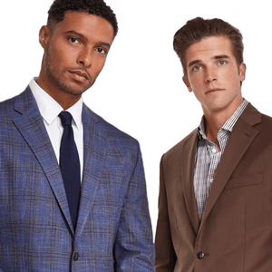 Two men wearing suits: one in a blue plaid suit with a white shirt and dark tie, and the other in a brown suit with a checkered shirt.