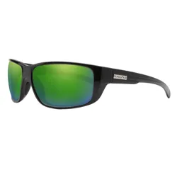 Black sunglasses with green mirrored lenses, featuring a rectangular frame and \“Suncloud\“ branding on the side.
