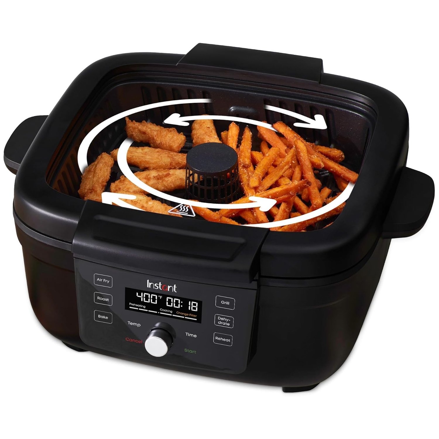 Instant Pot Air Fryer Grill combo features digital controls for air frying, roasting, baking, grilling, dehydrating, and reheating. It's shown cooking chicken and fries, emphasizing airflow for even cooking.