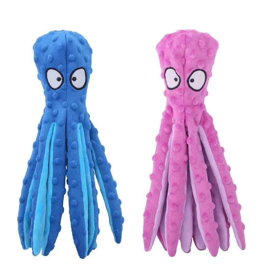 Two plush octopus toys, one blue and one pink, feature raised dot textures, large cartoon eyes, and multiple appendages, likely designed for children or pets.