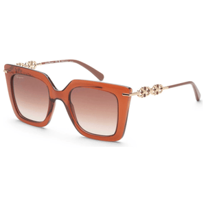 Square brown sunglasses with gradient lenses and metallic detailing on the temples.