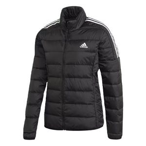 The Adidas Essentials Down Jacket is a black, quilted jacket featuring white stripes on the shoulders and the Adidas logo on the chest, with a full zipper and a high collar for warmth.