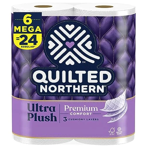 Pack of 6 Quilted Northern Ultra Plush toilet paper rolls with a claim of having the equivalent of 24 regular rolls and featuring 3 cushiony layers.