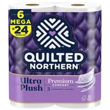 Pack of 6 Quilted Northern Ultra Plush toilet paper rolls with a claim of having the equivalent of 24 regular rolls and featuring 3 cushiony layers.